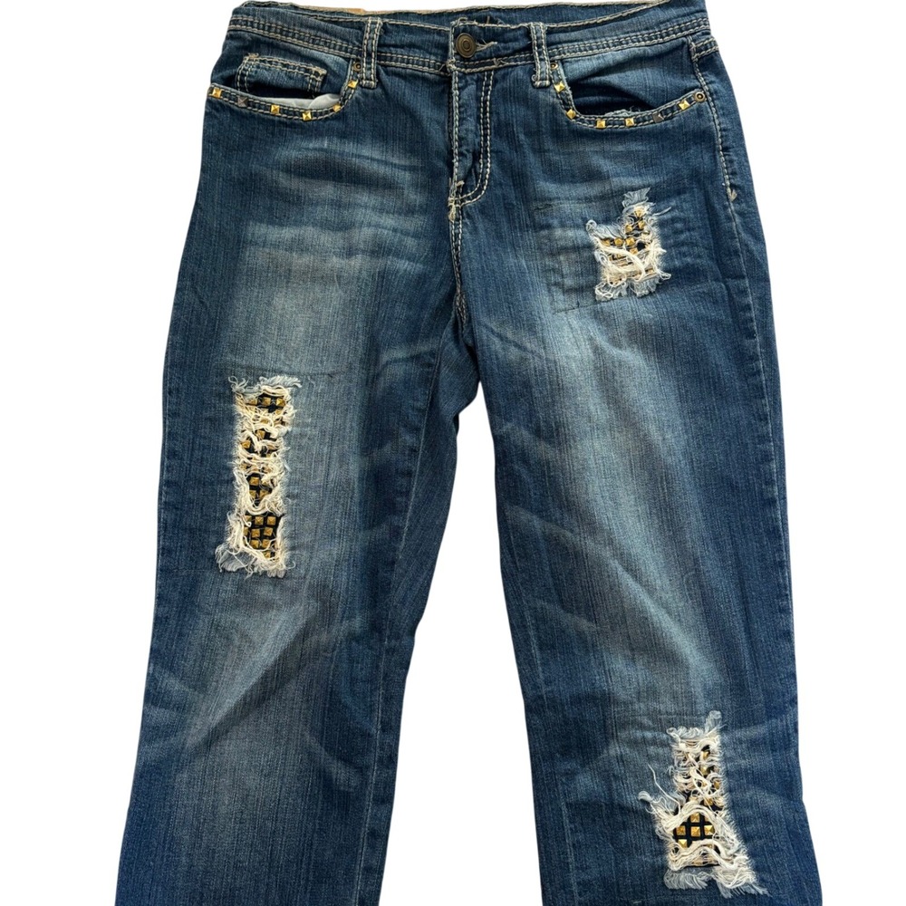 Cache Distressed Studded Straight Leg Jeans Size 8 Medium Wash Denim Embellished